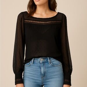 Sheer Black Long Sleeve Blouse with Lace Cuffs – Size XL